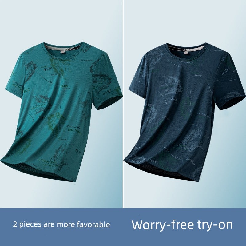 Ice silk short-sleeved T-shirt for men's summer thin trendy printed T-shirt, fashionable wrinkle-resistant ice-cold half-sleeved handsome top - Image 3