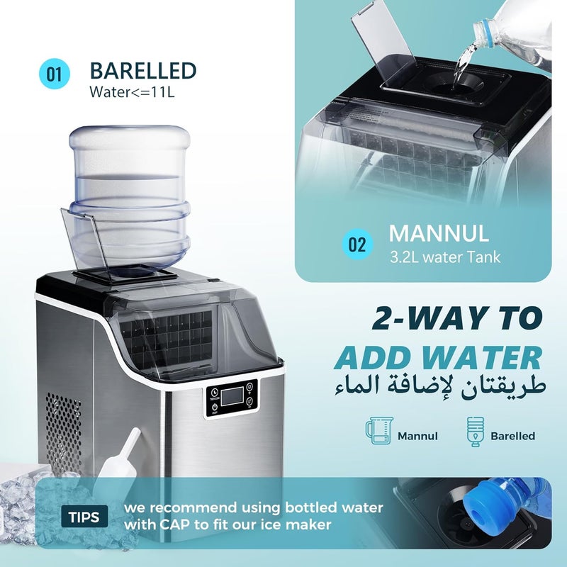 EUHOMY Ice Cube Maker Machine Countertop 24 Cubes in 13 Mins 20Kg/Day 2 Ways to Add Water Ice Size Selection Self-Cleaning Ice Maker Machine with Ice Scoop & Basket for Home/Kitchen/Party/Office - Image 4