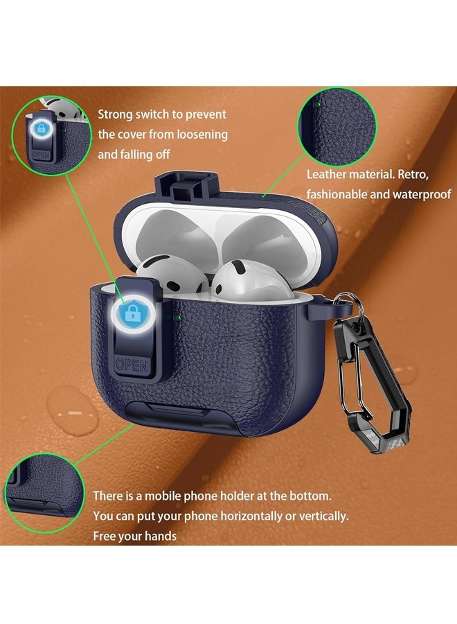 For Leather AirPods Pro 3 Case Cute Air Pods Pro 3 Case with Lock with Phone Holder & Keychain | Airpods 3 Pro Cases (Blue) - Image 2