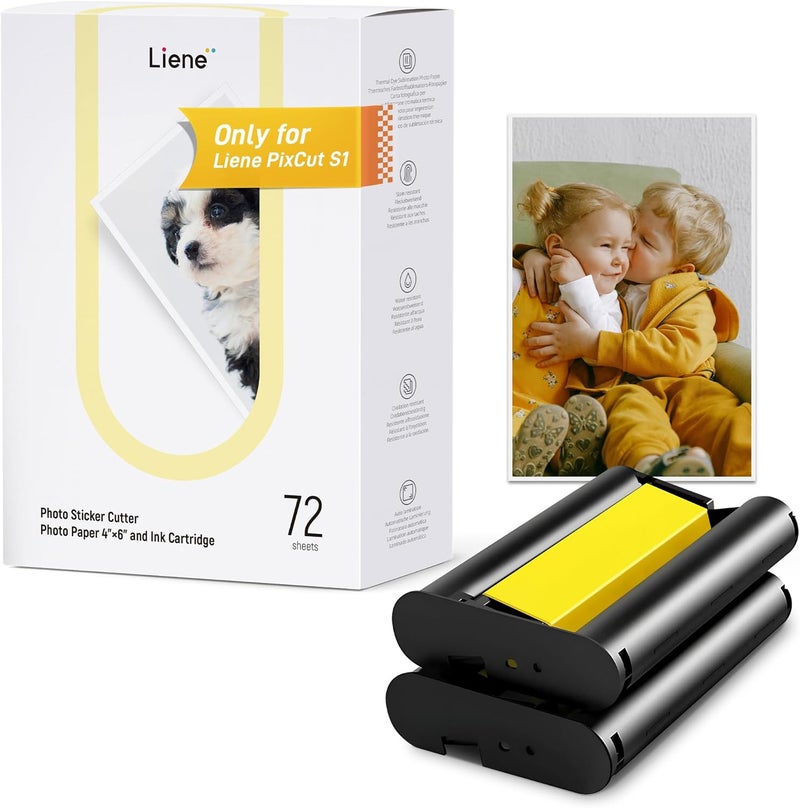 Liene Photo Paper & Cartridge, 2 Ink Cartridge Refill & 72 sheets photo papers, 4x6", Dye Sublimation, Water & Oxidation-Proof, Compatible w/ PixCut S1 Photo Sticker Printer and Cutter - Image 1