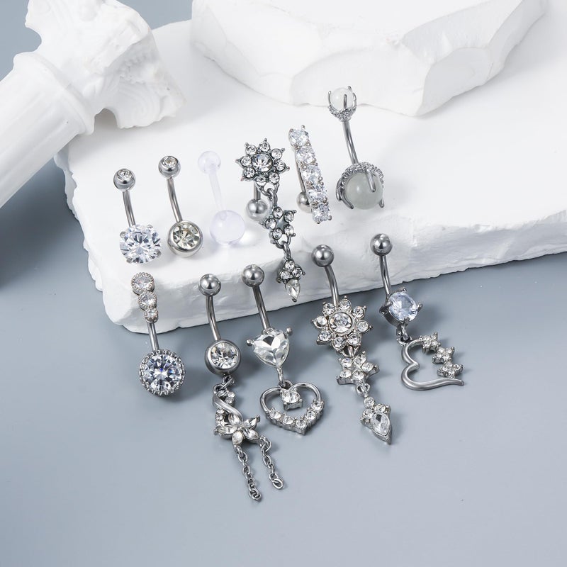 Vsnnsns 14G Dangle Belly Button Ring Piercing Jewelry 316L Stainless Surgical Steel Heart Flower CZ Reverse Navel Rings Dangling Belly Button Ring Piercing Jewelry for Women 14 Gauge Silver - Image 2