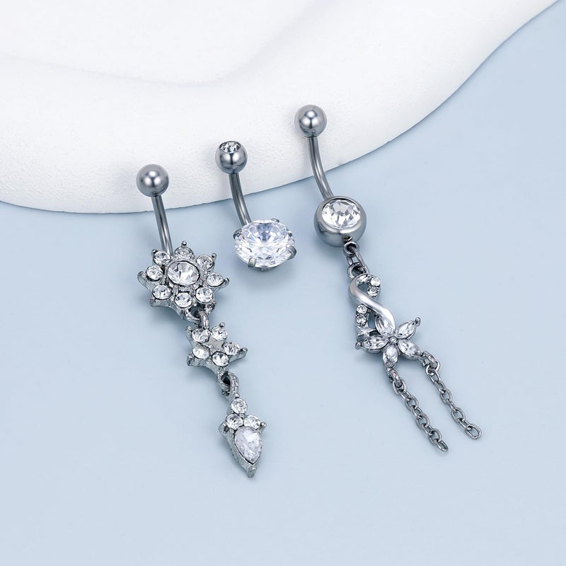 Vsnnsns 14G Dangle Belly Button Ring Piercing Jewelry 316L Stainless Surgical Steel Heart Flower CZ Reverse Navel Rings Dangling Belly Button Ring Piercing Jewelry for Women 14 Gauge Silver - Image 4