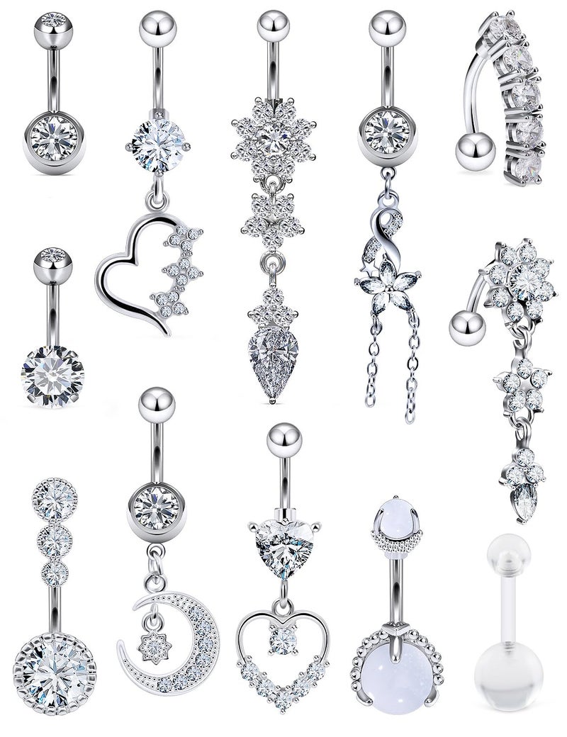 Vsnnsns 14G Dangle Belly Button Ring Piercing Jewelry 316L Stainless Surgical Steel Heart Flower CZ Reverse Navel Rings Dangling Belly Button Ring Piercing Jewelry for Women 14 Gauge Silver - Image 1