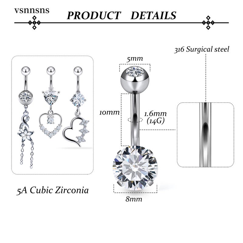 Vsnnsns 14G Dangle Belly Button Ring Piercing Jewelry 316L Stainless Surgical Steel Heart Flower CZ Reverse Navel Rings Dangling Belly Button Ring Piercing Jewelry for Women 14 Gauge Silver - Image 3