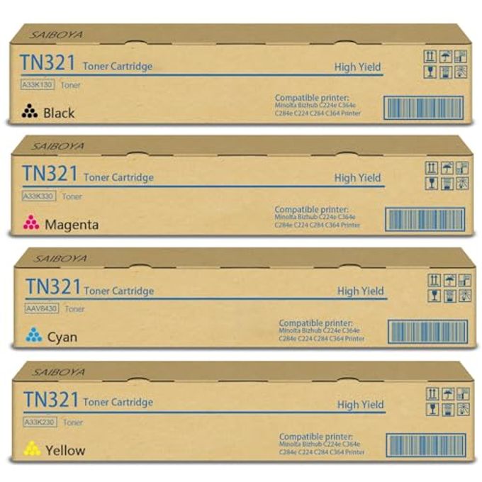 SAIBOYA Tn-321 Tn321 Toner Cartridge Compatible Konica Minolta Bizhub Tn321 C224E C364E C284E C224 C284 C364 Printers Toner (4Pack,Black Yellow Cyan Magenta) - Image 1