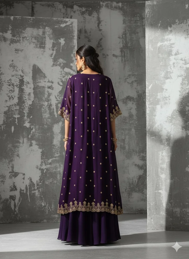 Lehar Purple Embroidered Crop Top and Jacket Set with Palazzo Pants