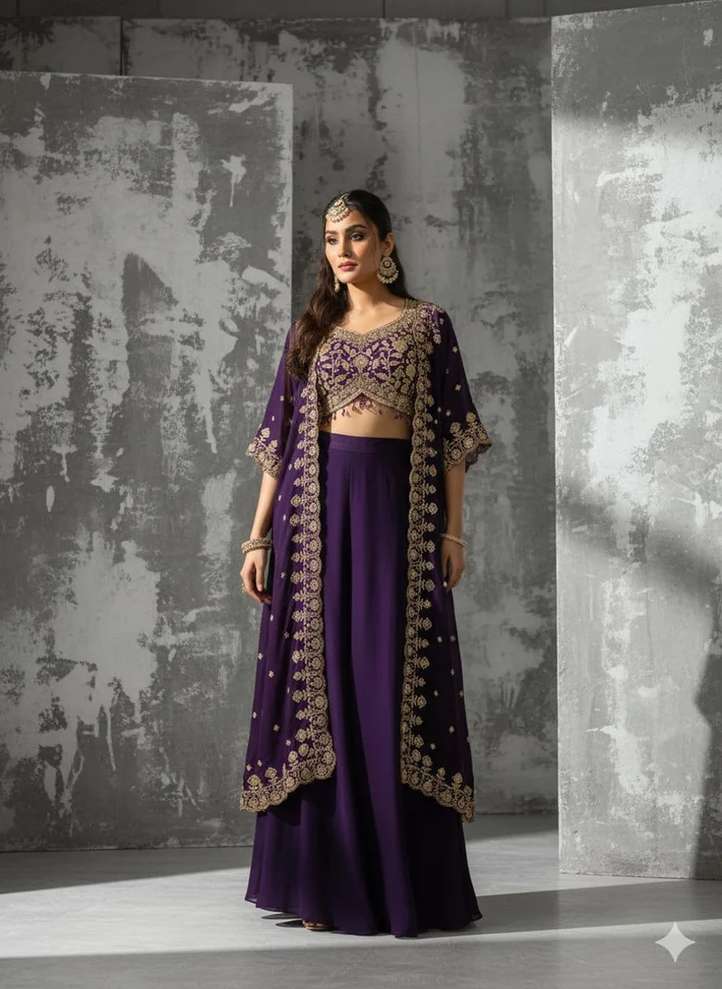 Lehar Purple Embroidered Crop Top and Jacket Set with Palazzo Pants