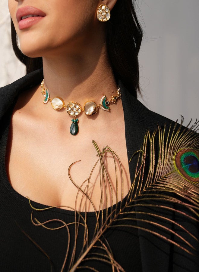 Binnis Wardrobe Gold-Plated Kundan-Studded Pachi Choker Jewellery Set - Image 1