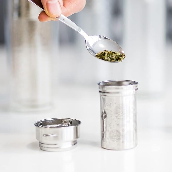 تيلاند زجاجة سفر محمولة من الزجاج البورسليكات فلوتي فاير فلاور خالية من مادة BPA وآمنة للطعام مع غطاء وفلتر من الفولاذ المقاوم للصدأ لتخمير أوراق الشاي الأخضر والأسود العشبي أولونغ السائبة الساخنة والباردة 0.44 لتر - Image 3