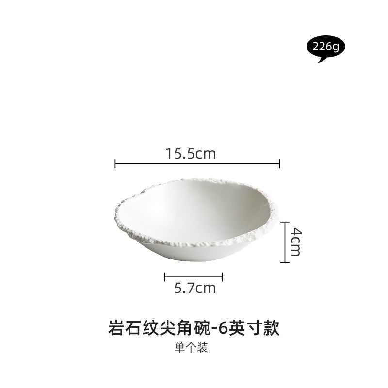 White Ceramic Soup Bowl with Rock Pattern 6 "Rock-grain Pointed Bowl