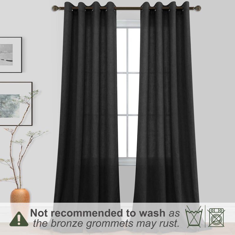 KOUFALL Black Curtains 96 Inches Long Sheer Linen Bronze Colored Grommet Dark Curtains for Living Room Bedroom - Image 2