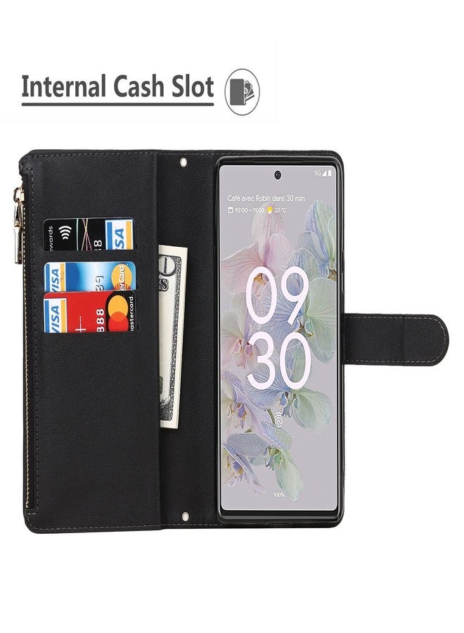 آي كوفر كايس جراب iCoverCase لهاتف Google Pixel 7 Pro، جراب محفظة مع حامل بطاقات، وحامل مدمج، مصنوع من جلد البولي يوريثان، مزود بحبل قابل للتعديل، ومشبك مغناطيسي، وجيب بسحاب، وغطاء قلاب (أسود). - Image 5