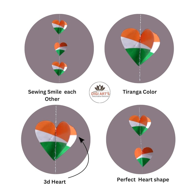 DIGI ART'S DIGI ARTS Heart Hanging 3D Frills Garland Tri Color for 26 January Republic Day Decoration Pack of 6 Pc Multicolor - Image 4