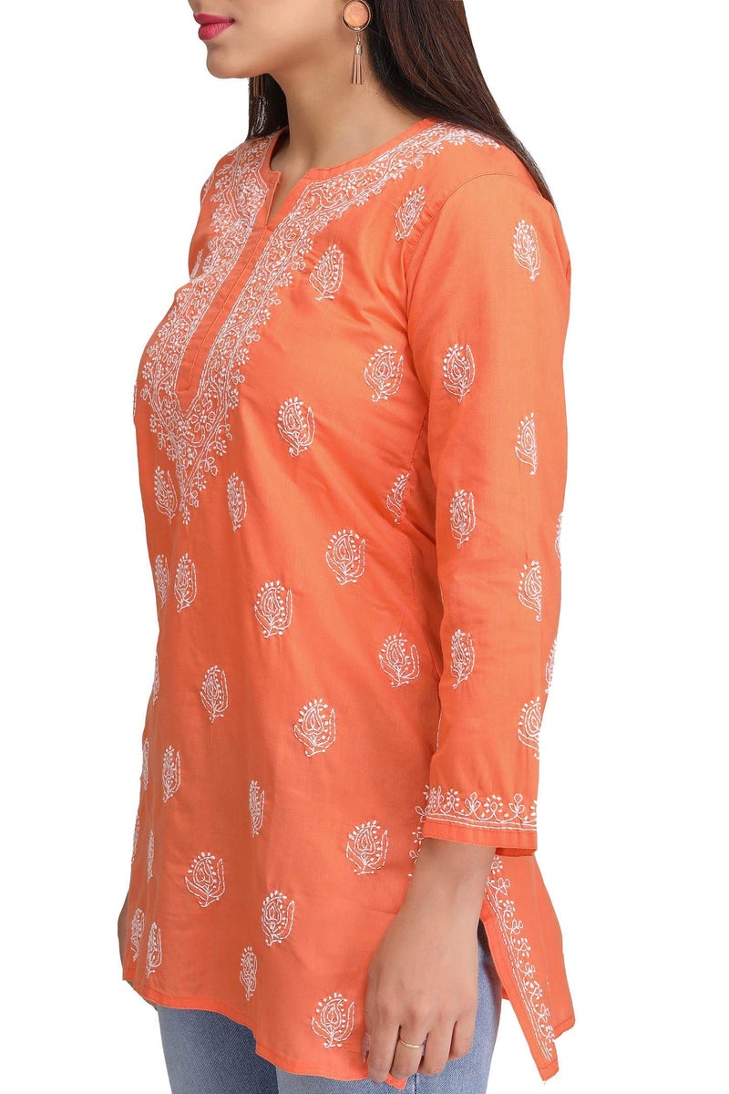 Ada Women Cotton Regular Fit Top Tunic Hand Embroidered Lucknowi Chikankari Short Kurti A312251 Rust (XS) - Image 4