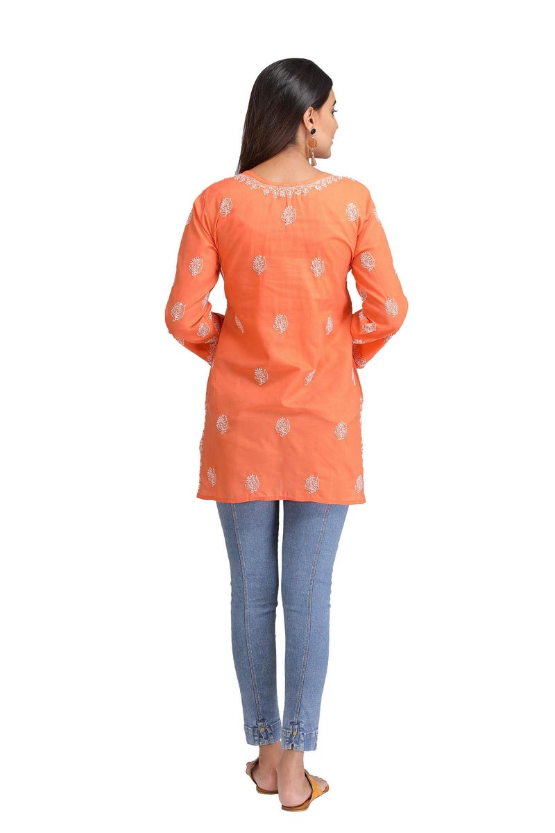 Ada Women Cotton Regular Fit Top Tunic Hand Embroidered Lucknowi Chikankari Short Kurti A312251 Rust (XS) - Image 2