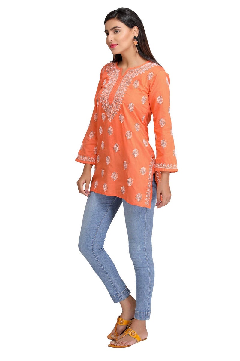Ada Women Cotton Regular Fit Top Tunic Hand Embroidered Lucknowi Chikankari Short Kurti A312251 Rust (XS) - Image 3
