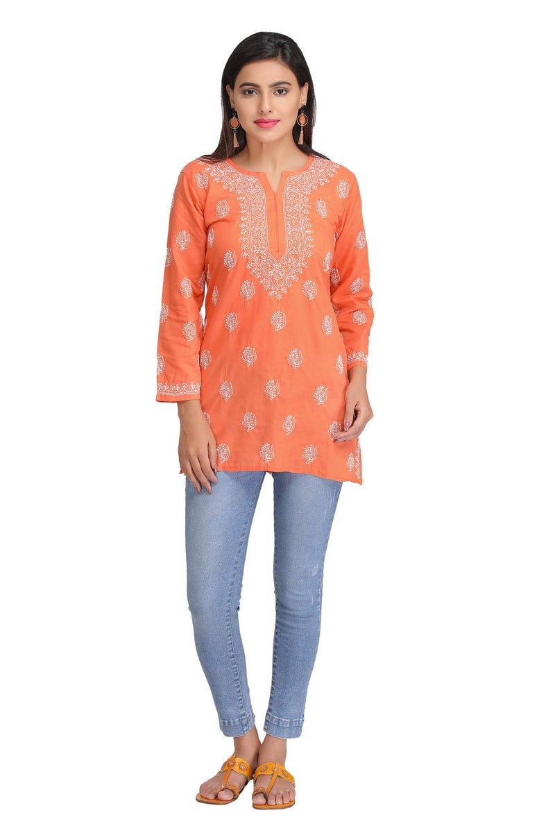 Ada Women Cotton Regular Fit Top Tunic Hand Embroidered Lucknowi Chikankari Short Kurti A312251 Rust (XS) - Image 1