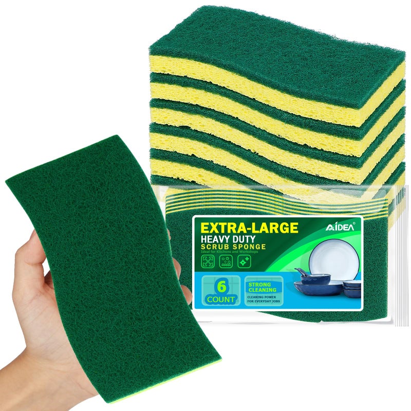 AIDEA XL Scrub Sponges 6Count, Heavy Duty Sponges for Dishes, Extra Large Sponge for Cleaning Kitchen and Household, Heavy Duty Sponge Safe for Non-Coated Cookware, Cleaning Power for Bathroom, House - Image 1