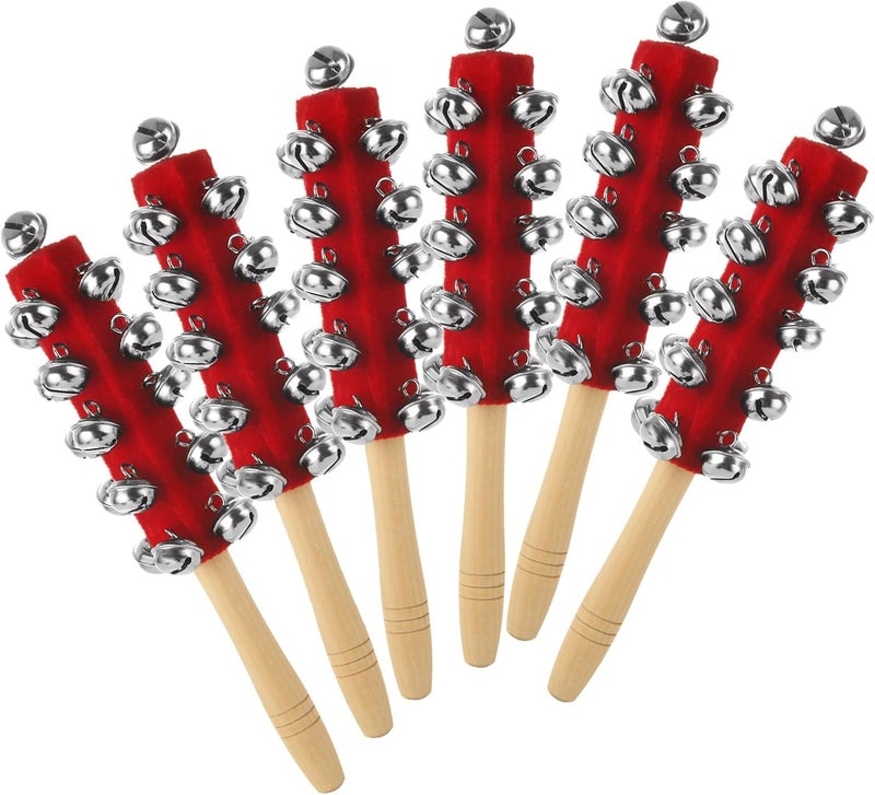 LOLYSIC 6 Pack Christmas Hand Jingle Bells Wooden Handle Sleigh Bells Christmas Stick Jingle Bells Shaker Rattle Musical Percussion Handheld Bells Holiday Xmas Gifts - Image 1