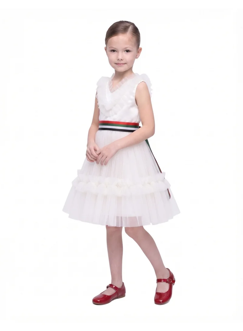 D'daniela Girls White V-Neck Tulle Occasion Dress with Removable UAE Flag Belt