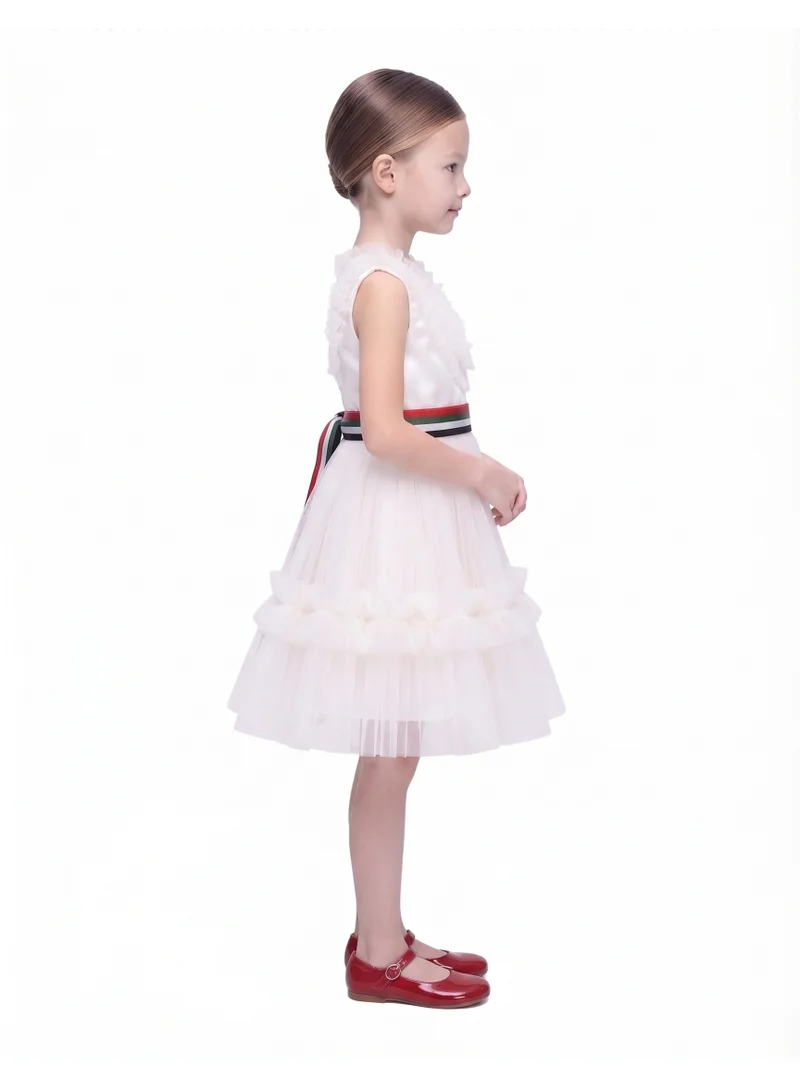 D'daniela Girls White V-Neck Tulle Occasion Dress with Removable UAE Flag Belt