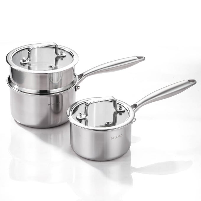 SAUCE PAN SETS COMPATIBLE WITH ALL COOKTOPS 600 FULL CLAD TRIPLY STAINLESS STEEL SAUCEPAN 1QT POT 2 QT POT WITH STEAMER LIDS 300