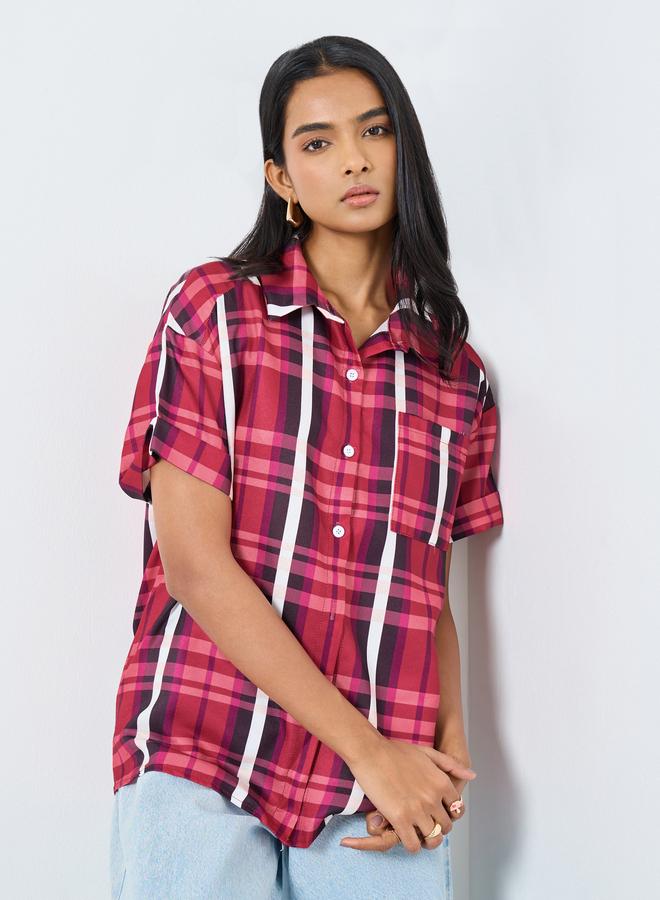 Take Two Checked Print Buttoned Shirt with Pocket - Image 1