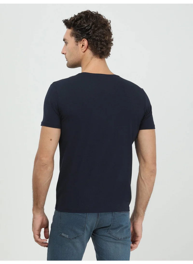 Kip Navy Blue Cotton Blend T-Shirt