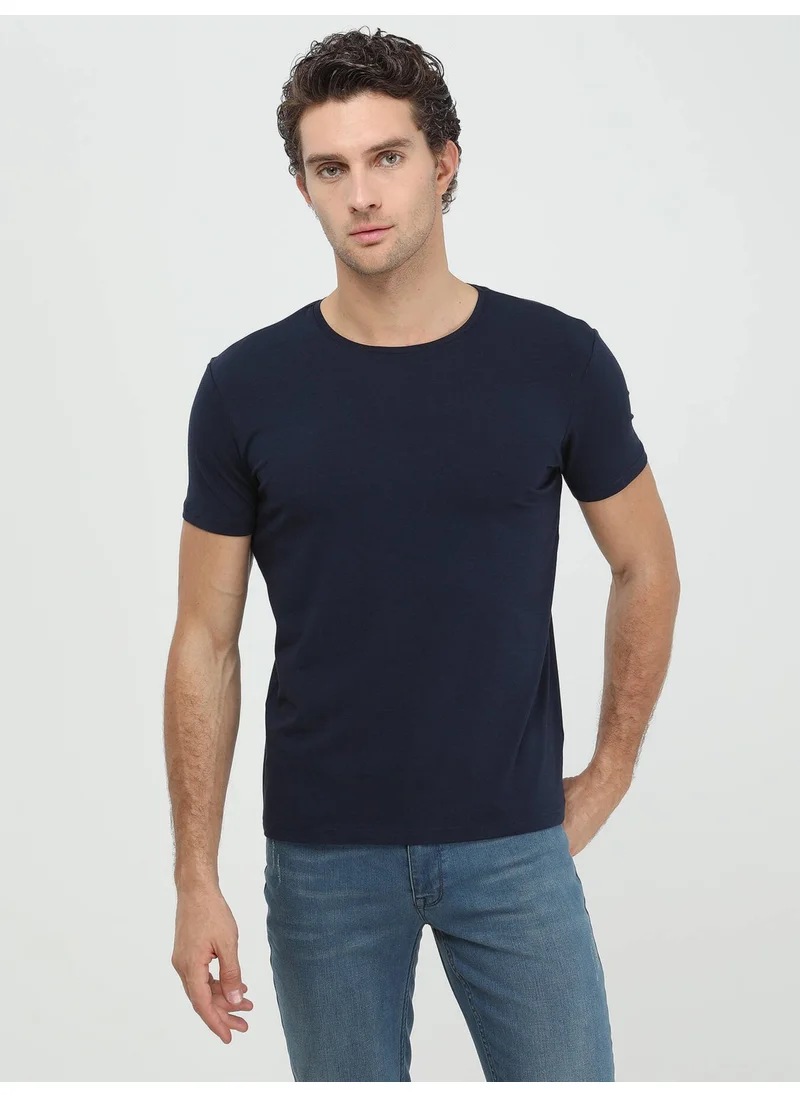 Kip Navy Blue Cotton Blend T-Shirt