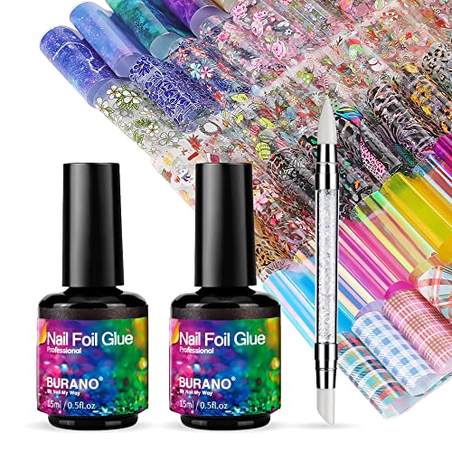 BURANO Nail Art Foil Glue Gel, 15ML 2 Bottles with 70PCS Foil Stickers Set Nail Foil Glue for Nails, Designer Nail Foils Nail Art Foil Transfer Gel - Image 1