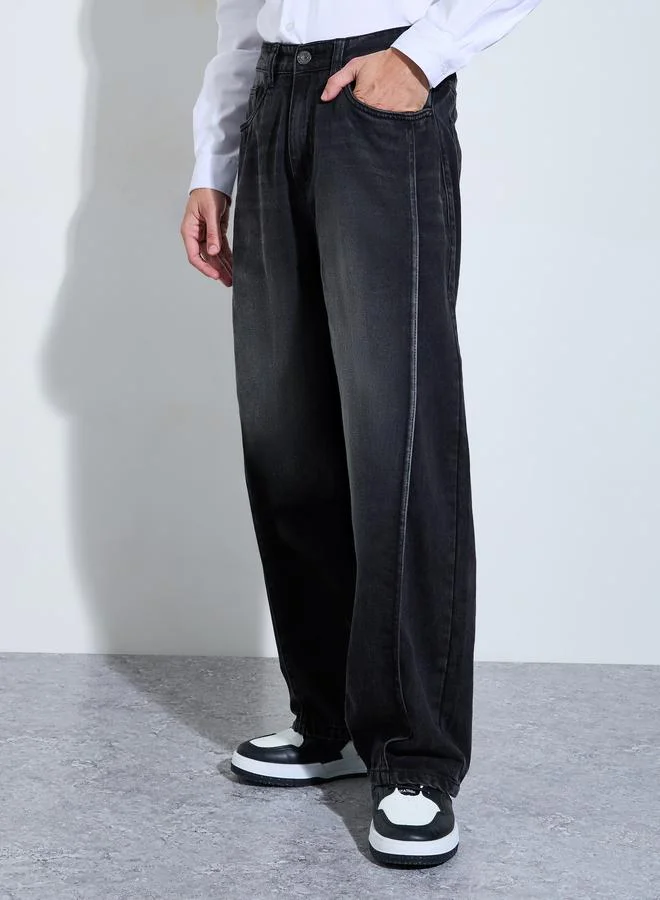 Styli Black Men Black Panelled Baggy Fit Jeans for Men | Best Price UAE