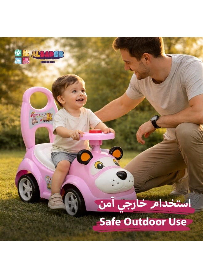 البدر سيارة ركوب للأطفال بتصميم كلب مع موسيقى وصفارة وعجلة قيادة ومقعد ظهر وصندوق تخزين وعجلات آمنة وبلاستيك متين، للعب داخل المنزل وخارجه، مناسبة للبنين والبنات كهدايا ممتعة وآمنة - Image 4