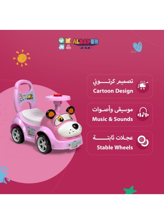 البدر سيارة ركوب للأطفال بتصميم كلب مع موسيقى وصفارة وعجلة قيادة ومقعد ظهر وصندوق تخزين وعجلات آمنة وبلاستيك متين، للعب داخل المنزل وخارجه، مناسبة للبنين والبنات كهدايا ممتعة وآمنة - Image 3