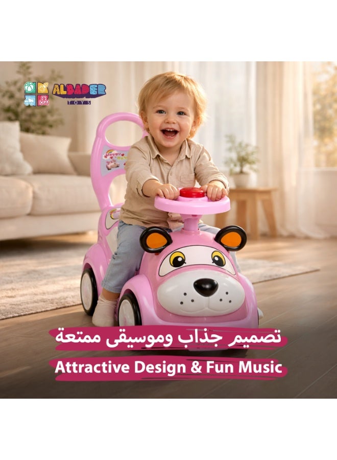 البدر سيارة ركوب للأطفال بتصميم كلب مع موسيقى وصفارة وعجلة قيادة ومقعد ظهر وصندوق تخزين وعجلات آمنة وبلاستيك متين، للعب داخل المنزل وخارجه، مناسبة للبنين والبنات كهدايا ممتعة وآمنة - Image 5