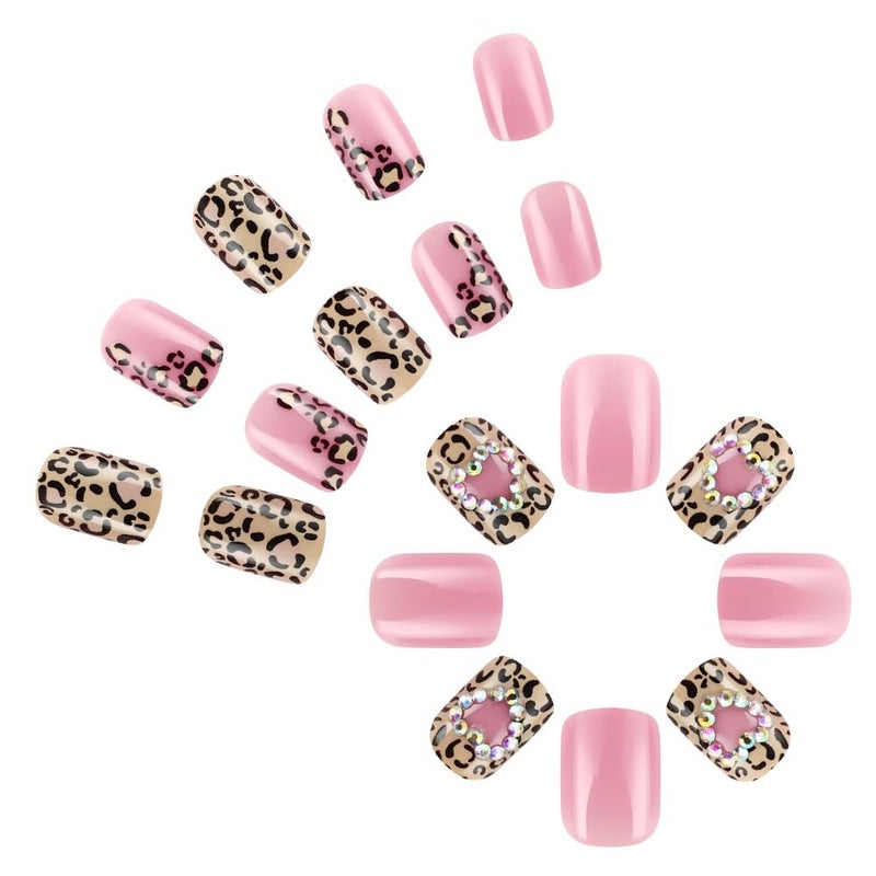 SHUXILIN Leopard Print Press on Nails Short Square Fake Nails Heart Rhinestone Design Glossy Stick on Nails Reusable Acrylic Nails Artificial Nails False Nails Full Cover Glue on Nails for Women Girls 24 Pcs - Image 3