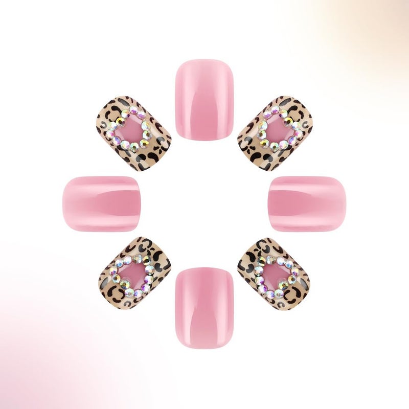 SHUXILIN Leopard Print Press on Nails Short Square Fake Nails Heart Rhinestone Design Glossy Stick on Nails Reusable Acrylic Nails Artificial Nails False Nails Full Cover Glue on Nails for Women Girls 24 Pcs - Image 4