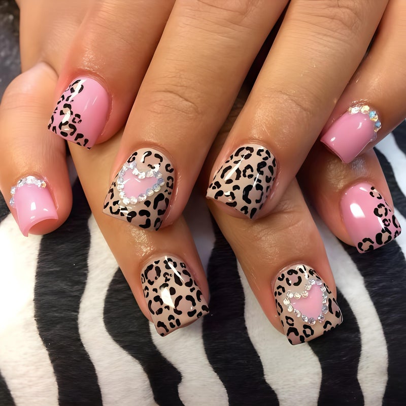 SHUXILIN Leopard Print Press on Nails Short Square Fake Nails Heart Rhinestone Design Glossy Stick on Nails Reusable Acrylic Nails Artificial Nails False Nails Full Cover Glue on Nails for Women Girls 24 Pcs - Image 1