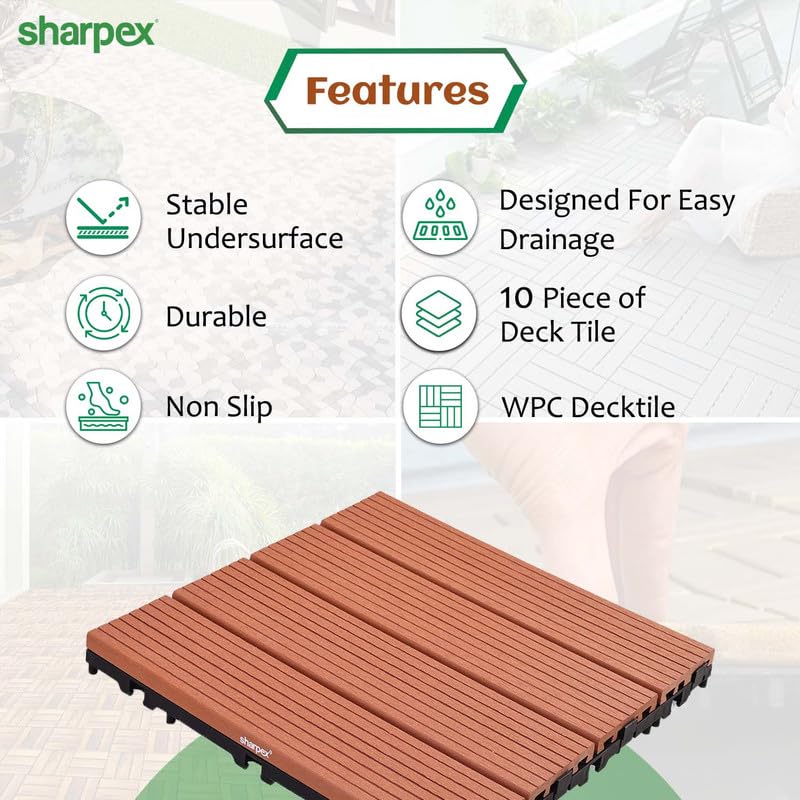 Sharpex Wood and Plastic Deck Tiles with Interlocking | 10 Piece Floor Decking Water Resistant Tile for Balcony, Terrace, Garden, Poolside | Quick Flooring Solution for Indoor/Outdoor (10 Piece) - Image 3