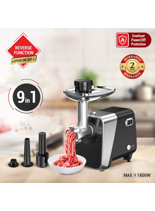 Afra AF-1800MGBK Meat Grinder 1800W – 2kg Capacity, Aluminum Body, Stainless Steel Cross Blade, Sausage & Kibbeh Attachment 2.0 kg 1800.0 W AF-1800MGBK black - Image 4