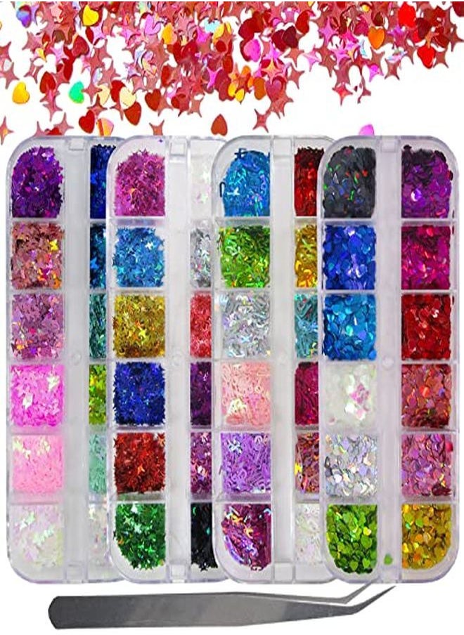 LoveOurHome - 4 Boxes Holographic Nail Glitters Sequins Set Laser Butterfly Heart Alphabet Letter Star Chunky Glitter Flakes Acrylic Nail Art Tips Stickers Decorations For Craft/Resin Art/Makeup - Image 1