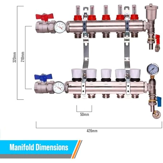 5 PORT UNDERFLOOR HEATING MANIFOLD EFFICIENT HEATING SOLUTION FOR YOUR HOME MAXIMIZE COMFORT SAVE ENERGY STURDY DESIGN SUITABLE FOR WATER-BASED RADIANT FLOOR HEATING SYSTEMS. - Image 3