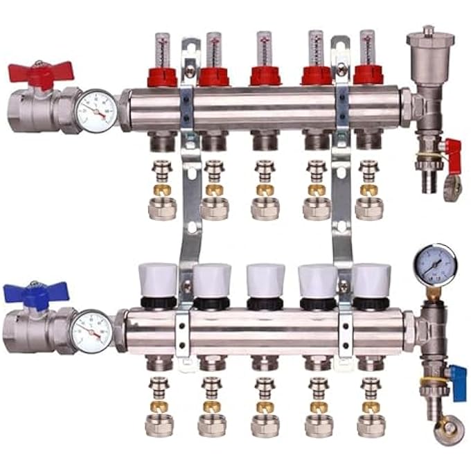 5 PORT UNDERFLOOR HEATING MANIFOLD EFFICIENT HEATING SOLUTION FOR YOUR HOME MAXIMIZE COMFORT SAVE ENERGY STURDY DESIGN SUITABLE FOR WATER-BASED RADIANT FLOOR HEATING SYSTEMS. - Image 1