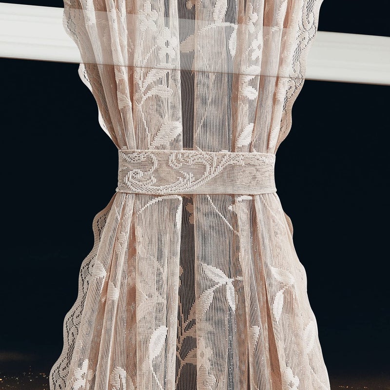 LinenZone Golden Linen French Door Curtains with Elegant Floral Design. Each Pair of 2 52 by 72 Inch Length Curtains Come with 2 Matching Tie-Backs. Lace Curtain for Door Window. (Rosa 52 x 72 Linen) - Image 3