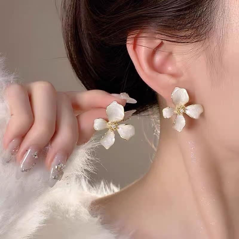 TUCEWP Flower Stud Earrings Cute Shimmer Flower Drop Earrings Trendy Fashion Pearl Statement Earrings Chic Sweet Enamel Floral Earrings for Women Mom Holiday Wedding Birthday Jewelry Gift - Image 2