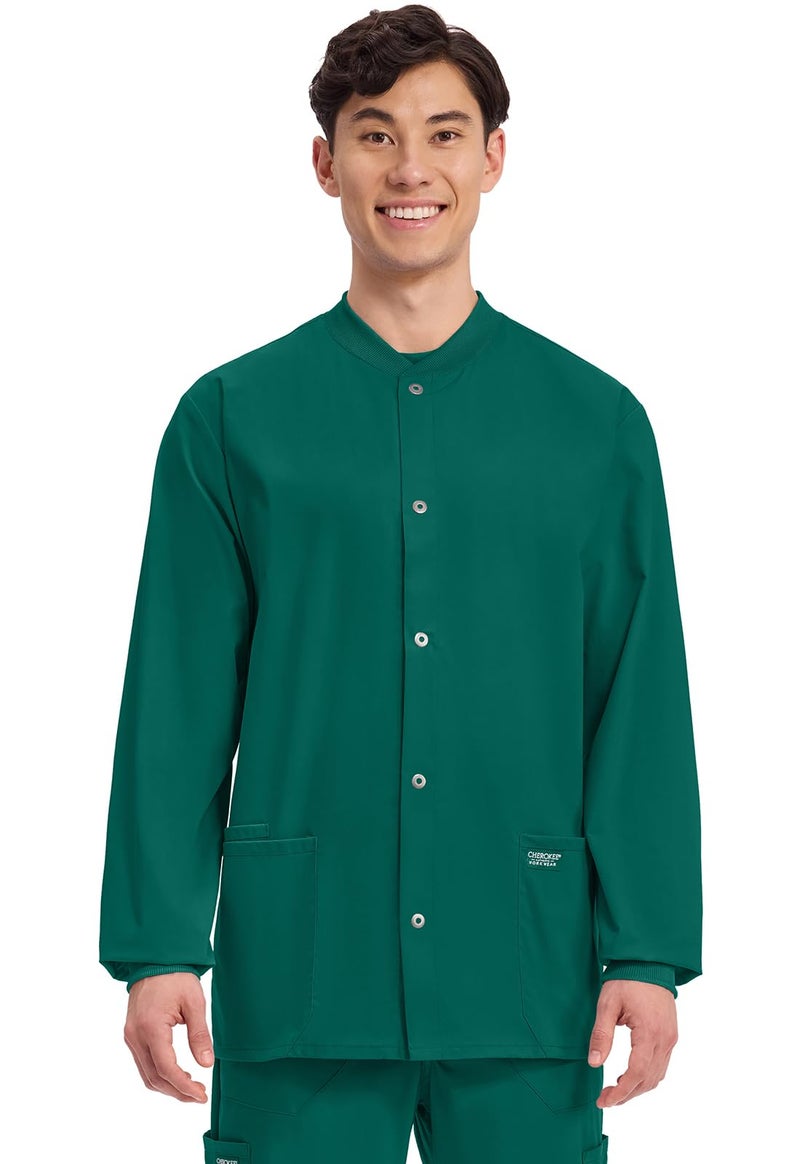 Cherokee Men’s Scrub Jacket Snap Front Medical with 3 Pockets, Knit Cuffs, Soft Fade Resistant 2-Way Stretch - WW360, L, Hunter Green - Image 1