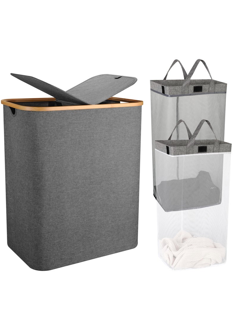 MIXDE Divided Foldable Bamboo and Canvas Laundry Basket with Lid and Handles Tall Double Collapsible Large Laundry Hamper-Waterproof Liner for Adults Bedroom Bathroom Living Room