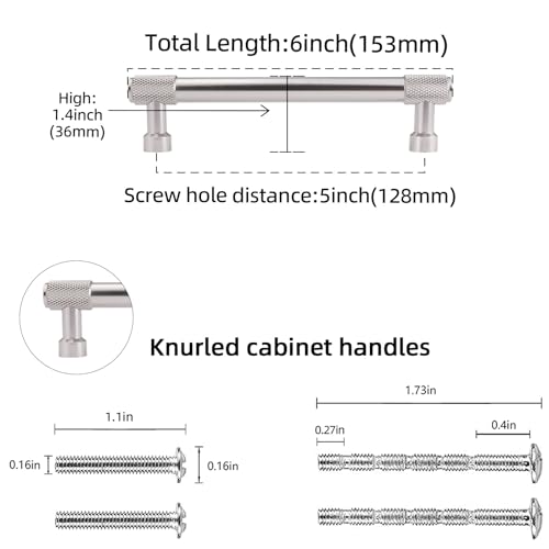POVEFONK 10 Pack 5 inch128mm Brushed Satin Nickel Kitchen Cabinet Handles Knurled Cabinet Pulls Sliver Drawer Pulls Cabinet Hardware Kitchen Handles Drawer Pulls Dresser Handles - Image 3