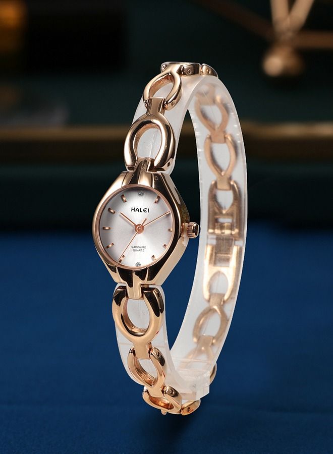 HALEI Women's Bracelet Stainless Steel Quartz Watch Analog Display Round Rose Gold Dial Watch with Rhinestones Decoration, Waterproof Elegant Watch as Gift for Women - Image 4