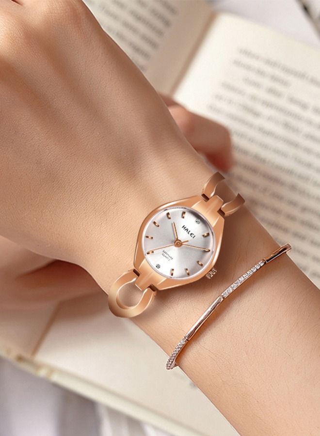 HALEI Women's Bracelet Stainless Steel Quartz Watch Analog Display Round Rose Gold Dial Watch with Rhinestones Decoration, Waterproof Elegant Watch as Gift for Women - Image 5