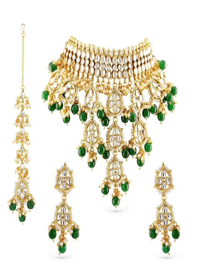 Rubans 22K Gold-Plated White Kundan Studded & Green Pearls Beaded Choker Necklace Set for Women - for Bridal & Festive Looks - Image 1